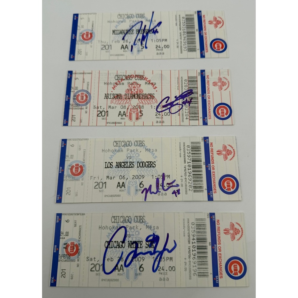 4 Chicago Cubs Autographed Spring Training Tickets Harden Fox Cotts Marmol F556